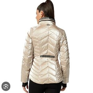 Blanc Noir Cream Puffer Jacket with Chevron Quilting and Fitted Style- XS